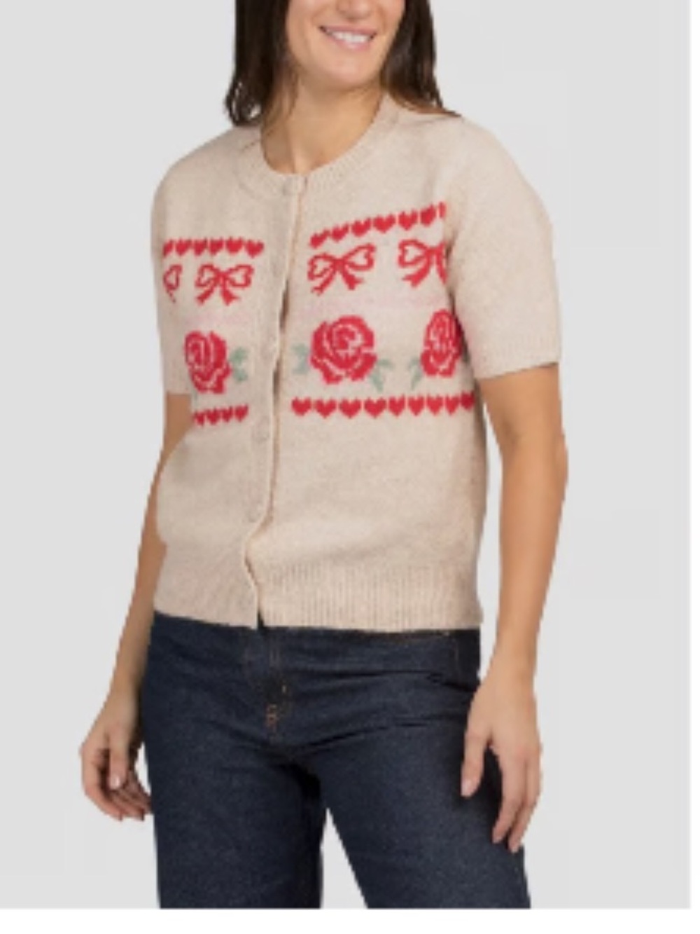 Cupcakes and Cashmere Short-Sleeve Cardigan with Red Rose Motif size M